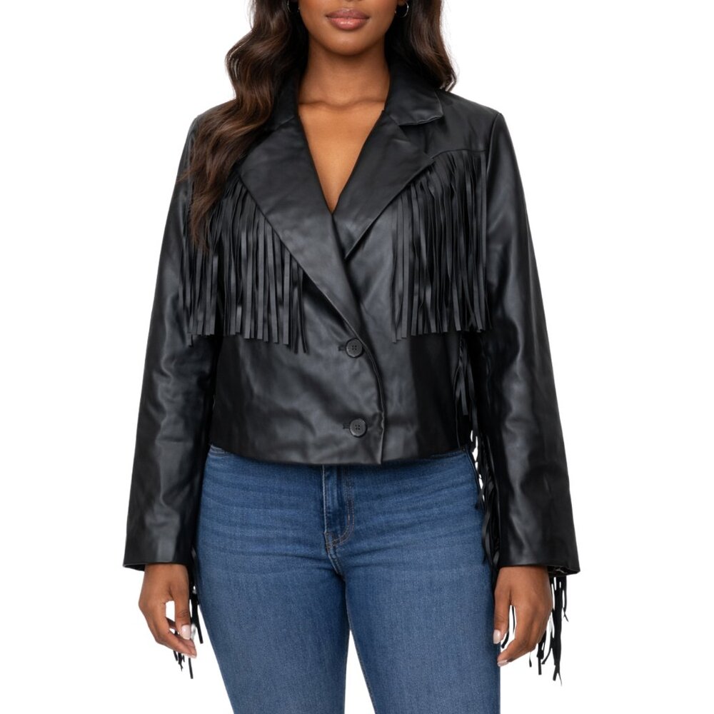 Savanna Jane Black Vegan Leather Fringe Jacket Western Boho Festival Cropped S